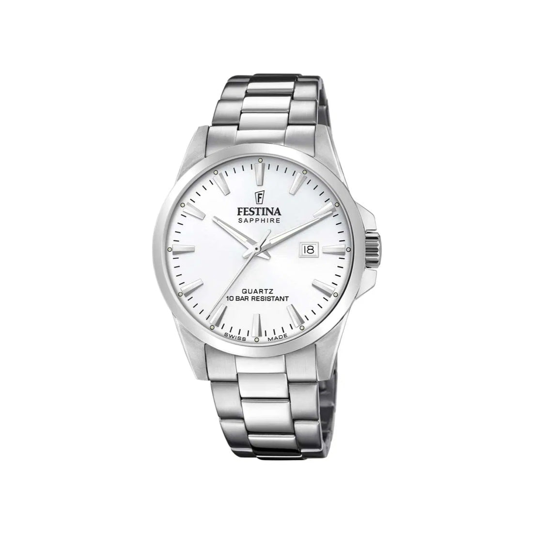Festina Swiss Made Herenhorloge F200242 toont een zilverkleurig stalen herenhorloge met een witte wijzerplaat. ModelF200242-1.