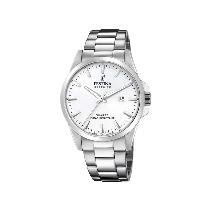 Festina Swiss Made Herenhorloge F200242 toont een zilverkleurig stalen herenhorloge met een witte wijzerplaat. ModelF200242-1.
