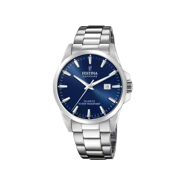 Festina Swiss Made herenhorloge F200243 met blauwe wijzerplaat en zilverkleurige stalen ketting zichtbaar afgebeeld. ModelF200243-1.