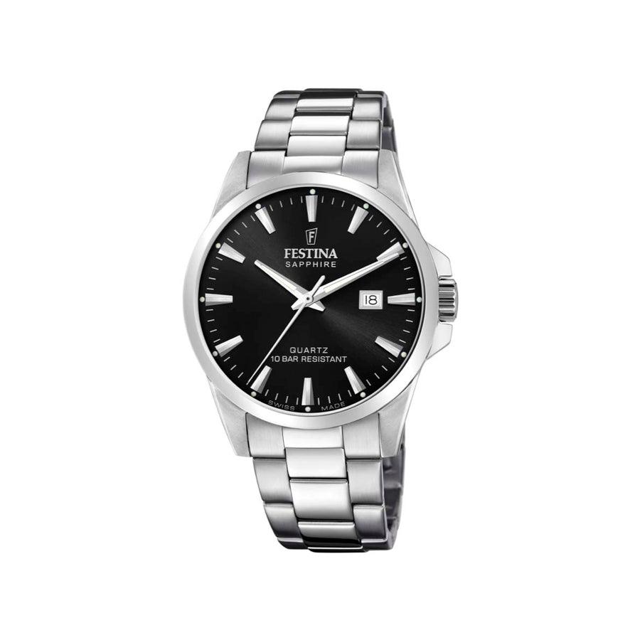 Festina Swiss Made herenhorloge F200244 van staal met zwarte wijzerplaat en datum, model F200244-1 van voren.