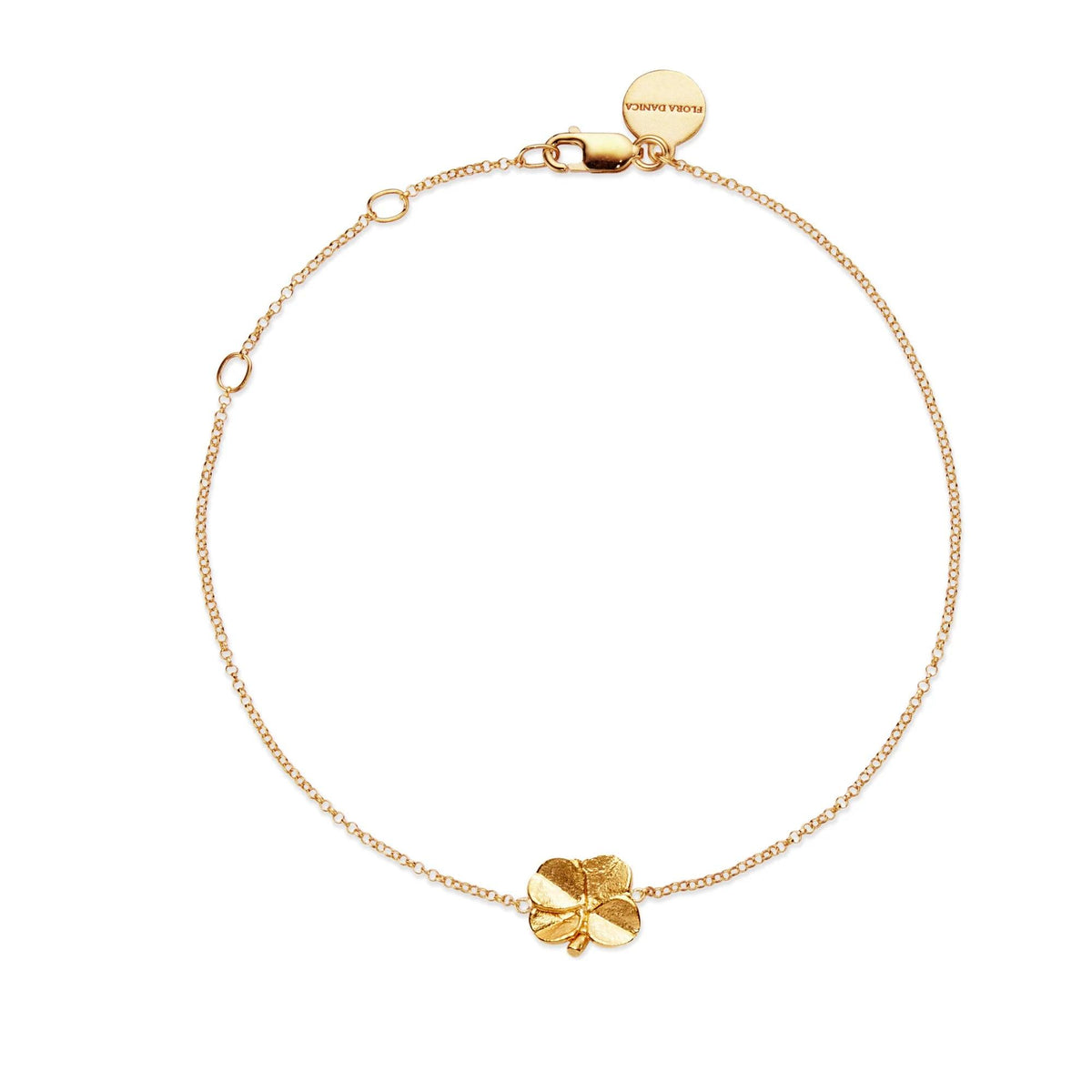 Flora Danica Klavertje vier armband verguld zilver met fijne ketting en klavertje vier hanger in goud. Model 907-FLC-BR-G-1