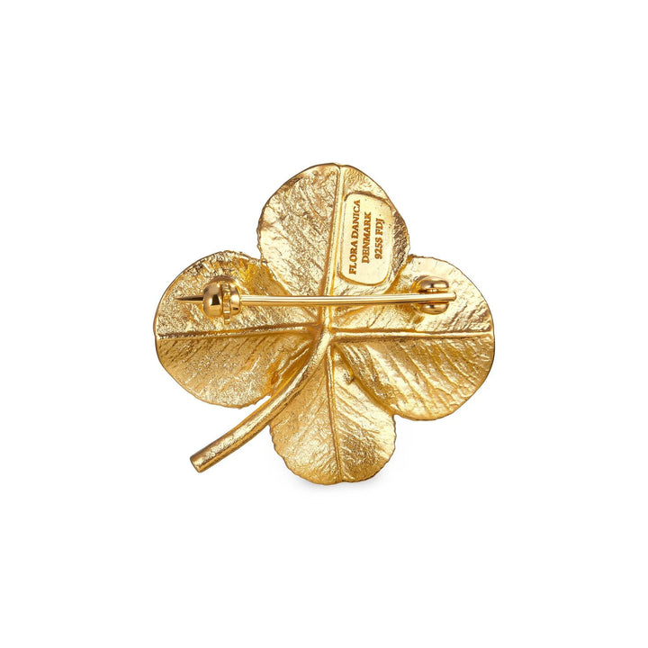 Flora Danica Klavertje vier broche zilver verguld, detail van de achterkant met sluiting en bladstructuur, model 907-FLC-BRO-G-2