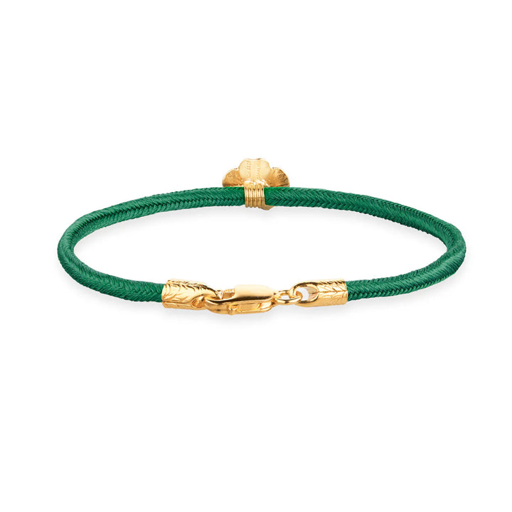 Flora Danica Firklover Zijden Armband donkergroen verguld, elegante zijden armband met groen lint en gouden details. Model 907-flc-zijde-donkergroen-g-001-2