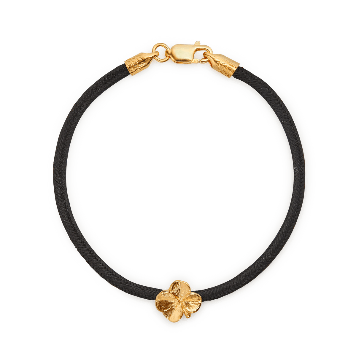 Flora Danica klavertjevier zijden armband zwart met verguld klaverdetail en sluiting, Model 907-flc-zijde-zwart-g-001-1.