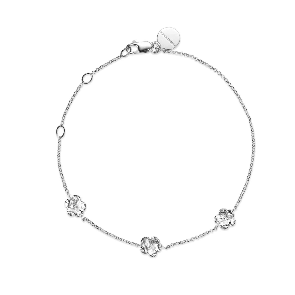 Flora Danica Vergeet-mij-nietje Armband zilver met drie bloemen aan fijne ketting, Model 907-fmn-br-s-1.
