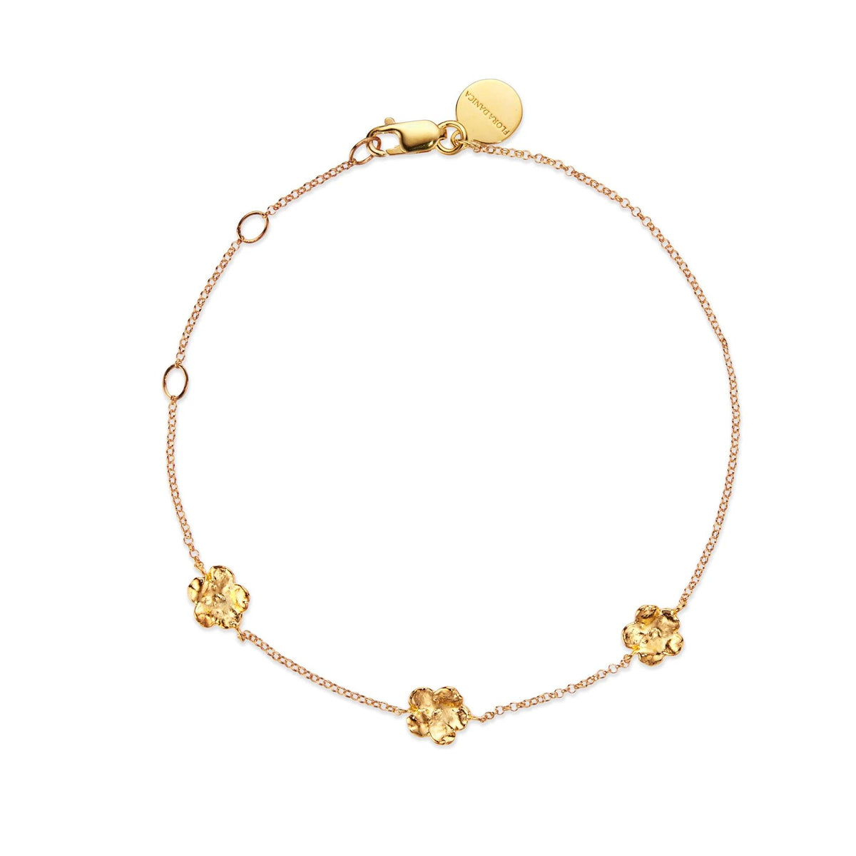 Flora Danica Vergeet-mij-niet-armband verguld zilver, elegante ketting met drie gouden bloemdetails. Model 907-fmn-br-g-1