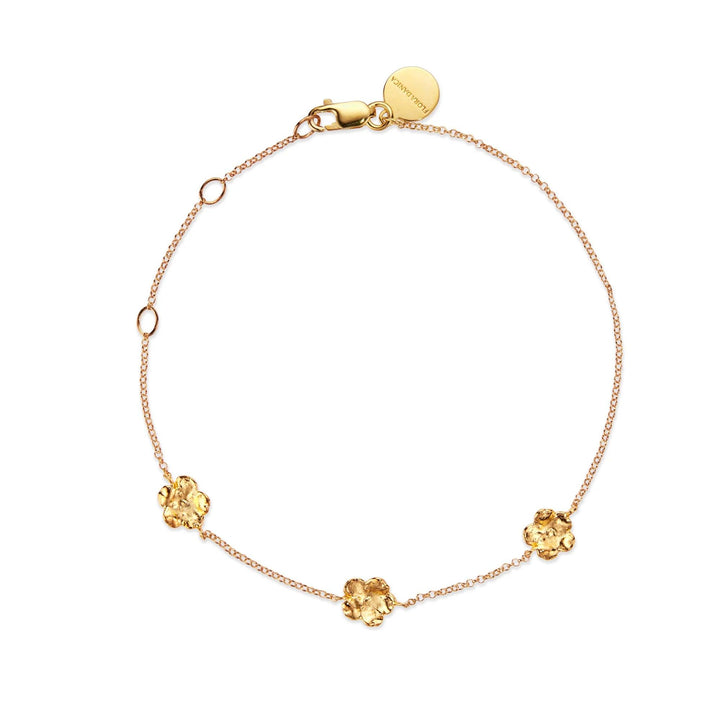 Flora Danica Vergeet-mij-niet-armband verguld zilver, elegante ketting met drie gouden bloemdetails. Model 907-fmn-br-g-1