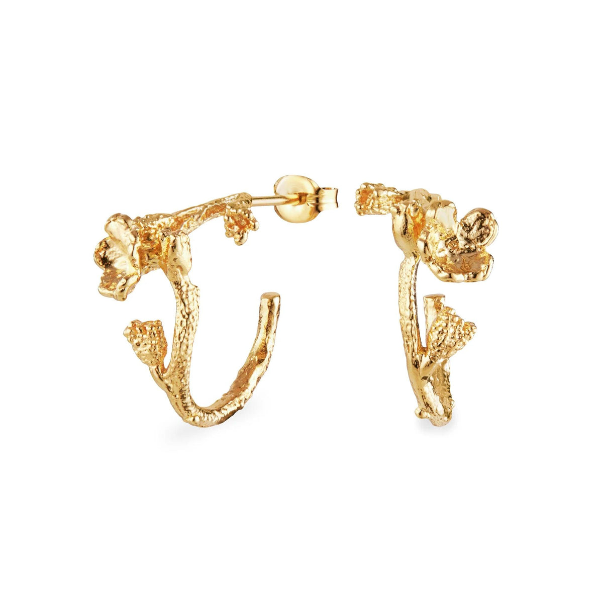 Flora Danica Forget-me-not Hoop zilver vergulde oorbellen met bloemdetails in organische vormen, Model 907-fmn-hopc-g.