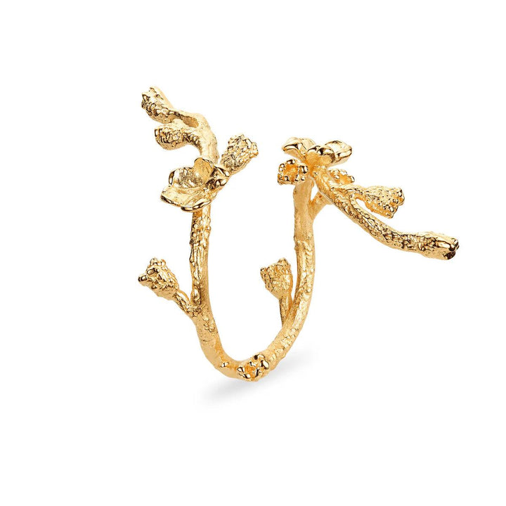 Flora Danica Vergeet-mij-niet-statementring in verguld organisch ontwerp, zichtbaar als een open bloementak, model FMN-STRI-G-001-1