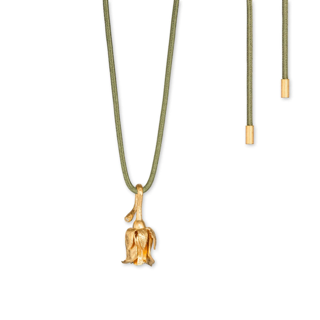 Flora Danica Roos met zijden ketting, gedetailleerde gouden bloem aan groen zijden koord. Model 907-ros-silkne-g-1