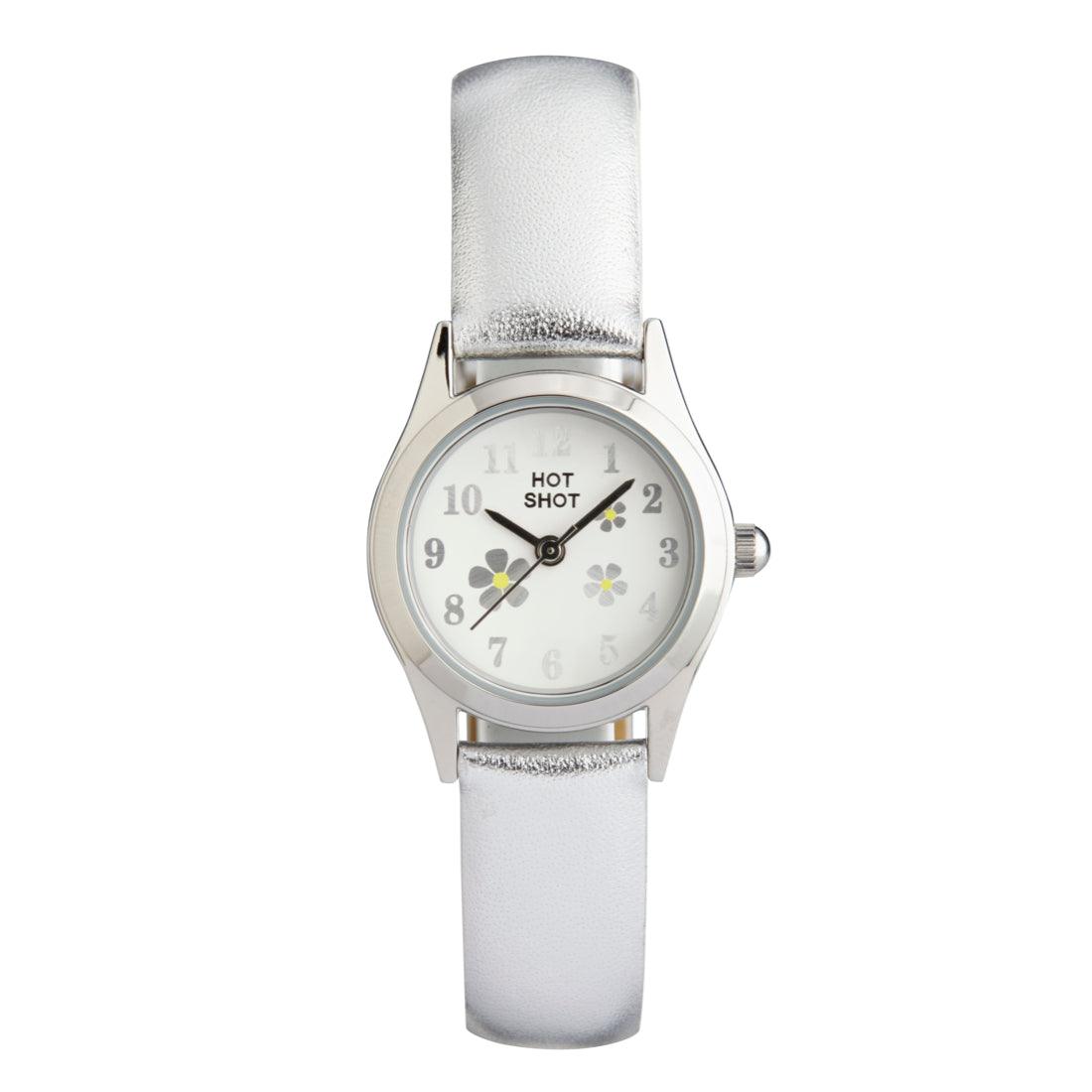 Hot Shot Borneur Zilver lederen band, witte wijzerplaat met bloemdetail in zilverlook. Model 08541-1.