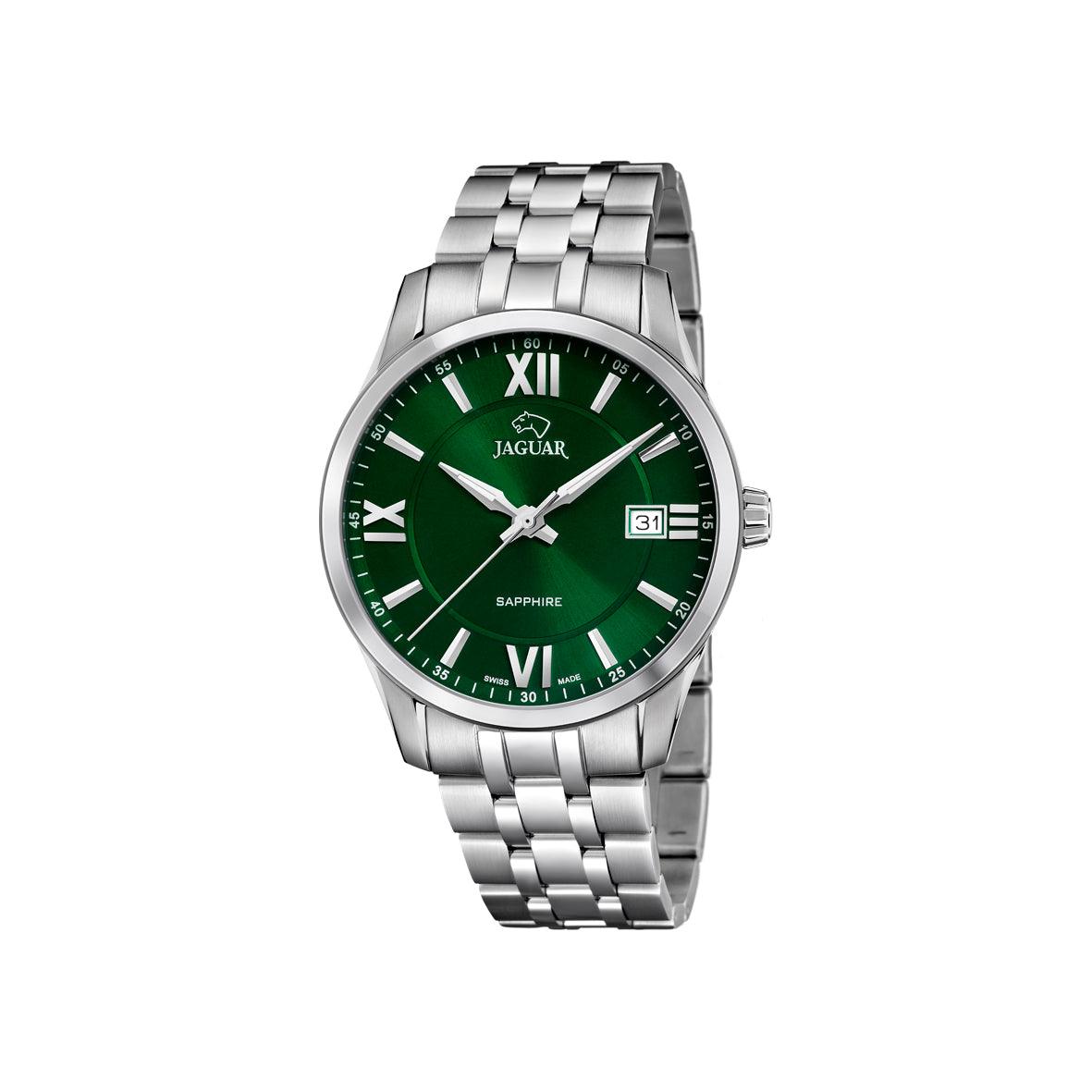 Jaguar Acamar herenhorloge met groene wijzerplaat en zilveren ketting, klassieke stijl. ModelJ9643-J9643-1