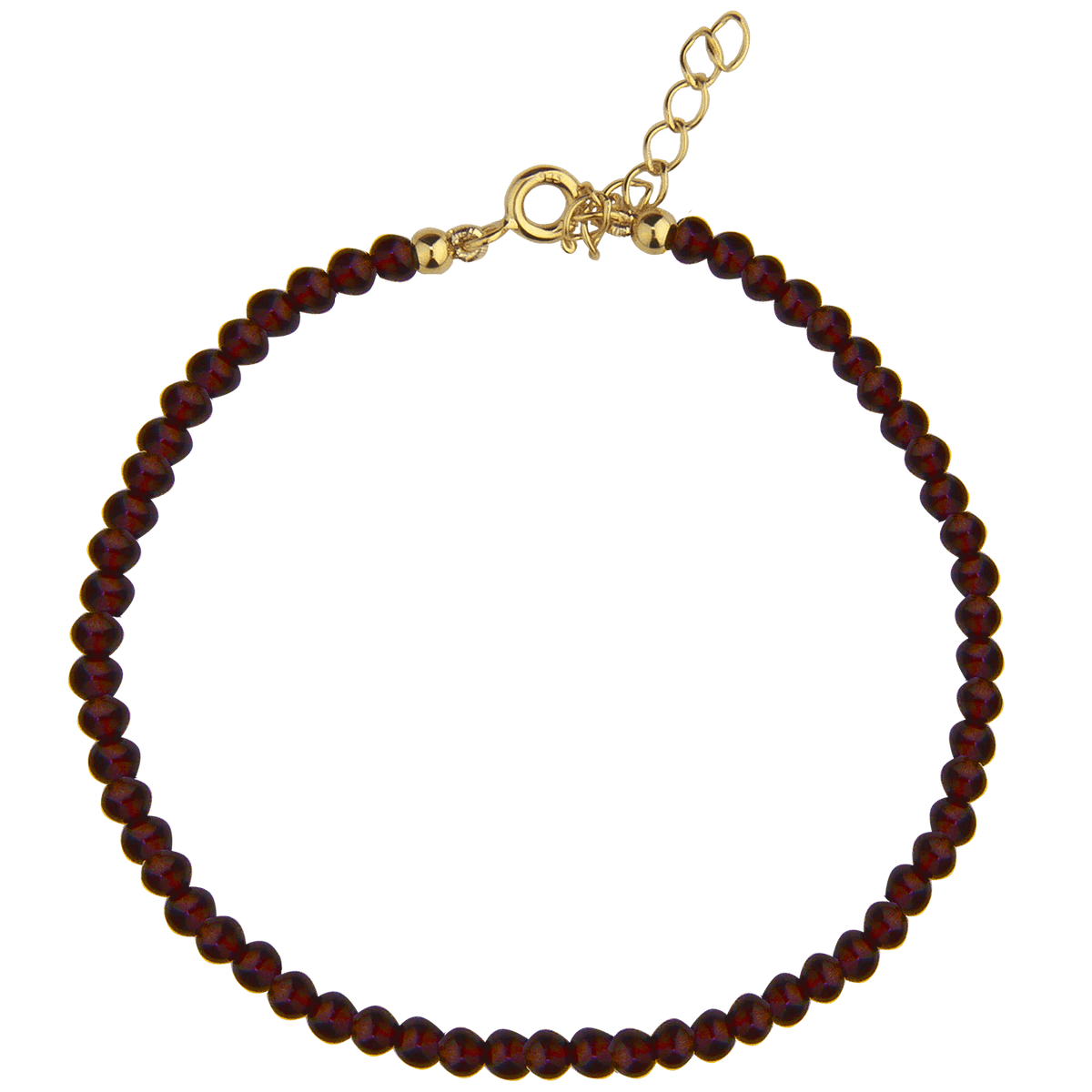 jeberg-jewellery-rouge-noir-garnet-armband-in-vergulde-sol toont een enkele armband met dieprode granaatkralen en verstelbare ketting. Model 70090-1