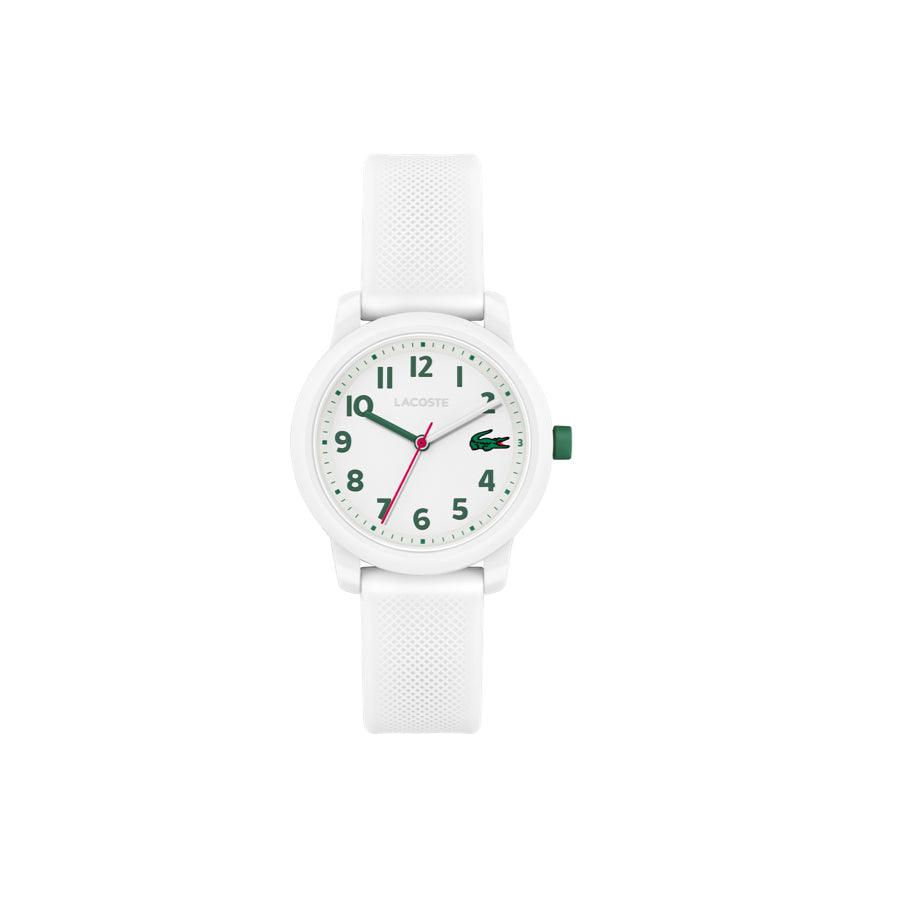 Lacoste Junior WATCH 12.12 wit horloge met groene details, ronde witte wijzerplaat en witte siliconen band, model 203003-1.