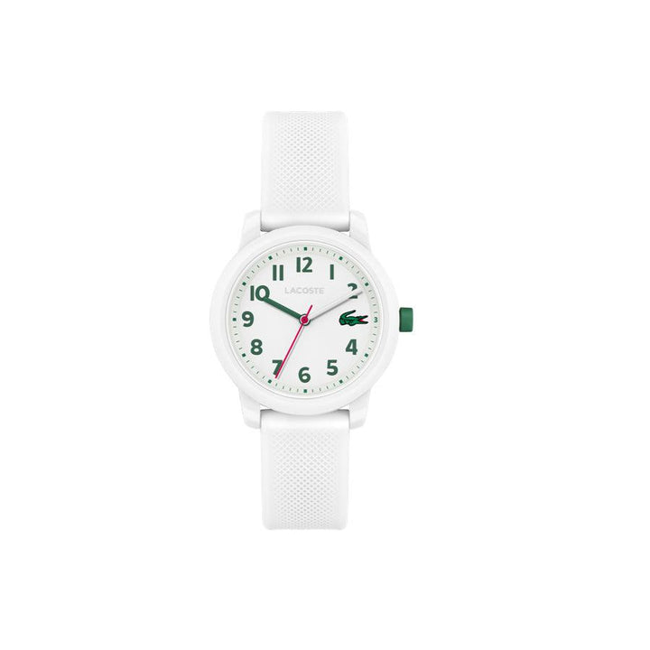 Lacoste Junior WATCH 12.12 wit horloge met groene details, ronde witte wijzerplaat en witte siliconen band, model 203003-1.