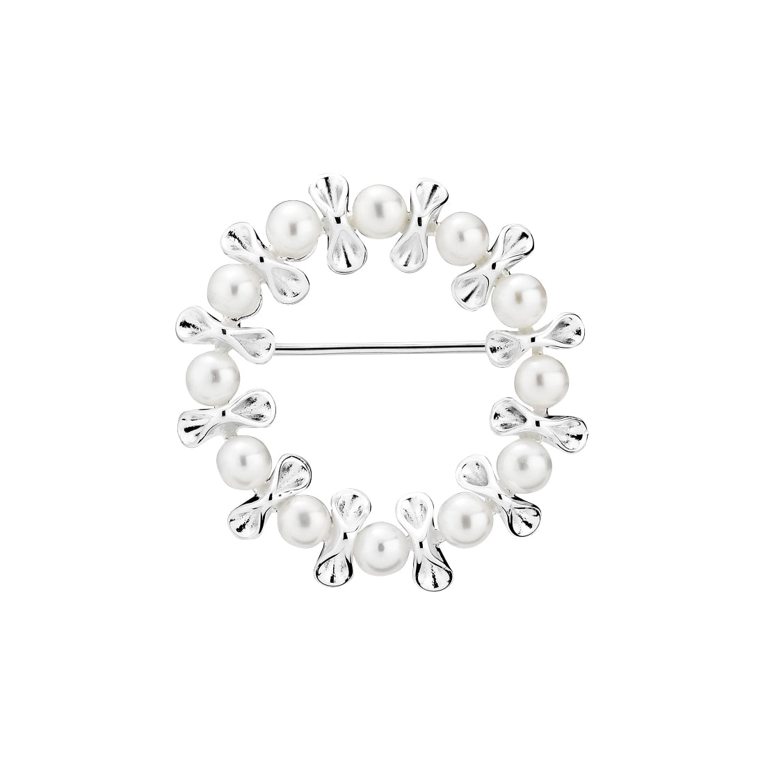 Lund Copenhagen zilveren broche met parels, rond en elegant in glanzend zilver met witte parels. Model 9041272-33-1