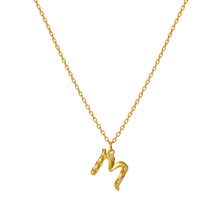 maanesten-alphabet-letter-halskaede-forgyldt-bogstavs-vedhaeng-a-z smykkehalskæde i forgyldt kæde med bogstav M vedhæng med små sten, Model 2744a-013-13