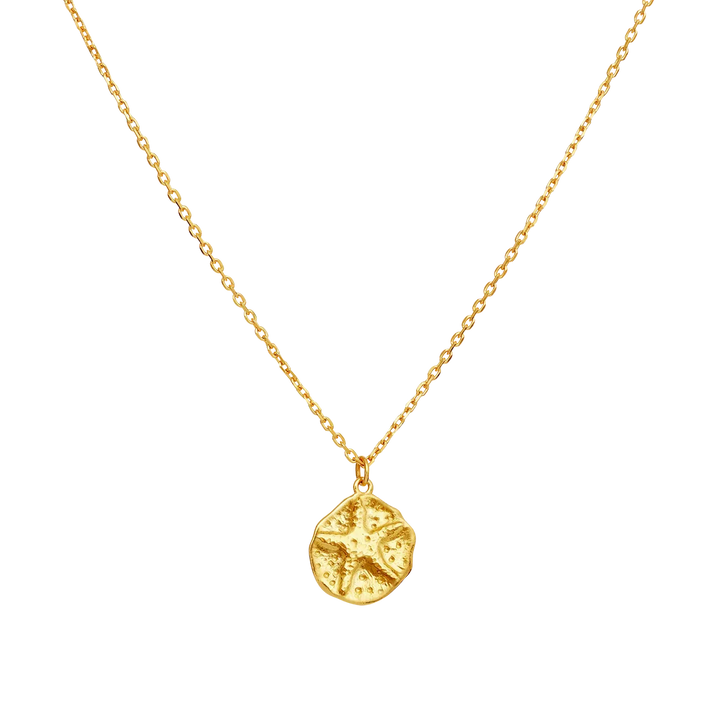 Maanesten Bali ketting verguld met ronde, gestructureerde hanger in goudlook. Model 2817a-1