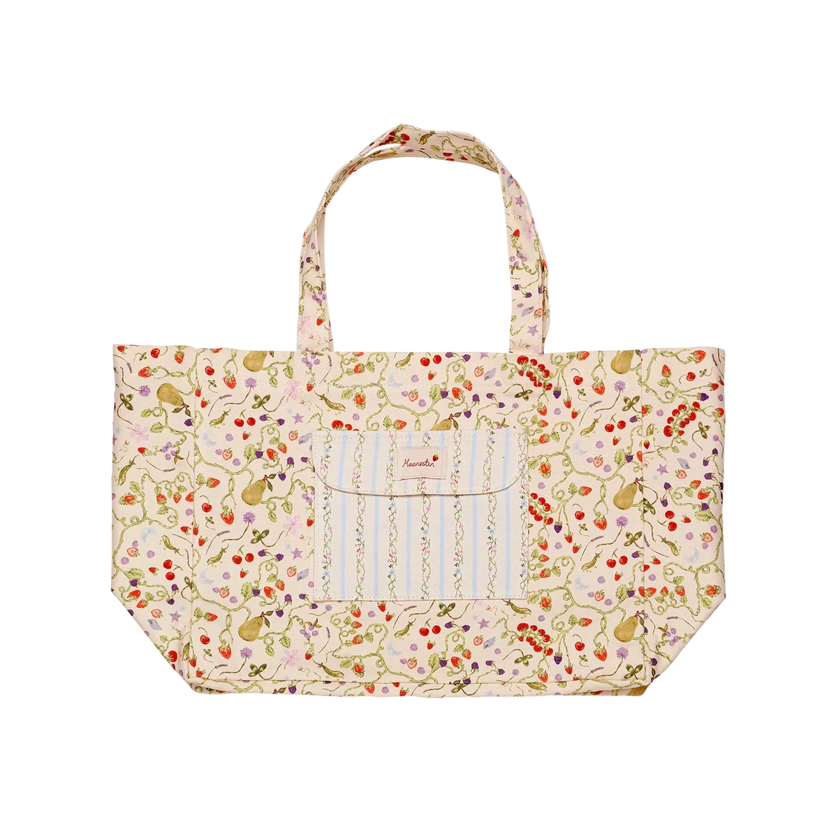 maanesten-big-canvas-tote-garden-magic-ivory toont een grote beige canvas draagtas met kleurrijk bloemenpatroon en voorvak. Model 4122-1