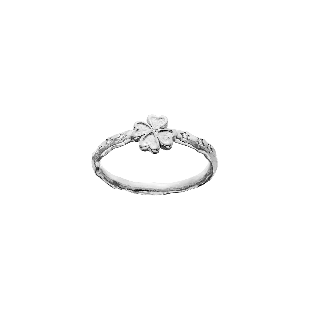Zilveren Maanesten Clover-ring met klavertje vier-motief en kleine zirkonia, vanaf de voorkant getoond. Model4881c-001