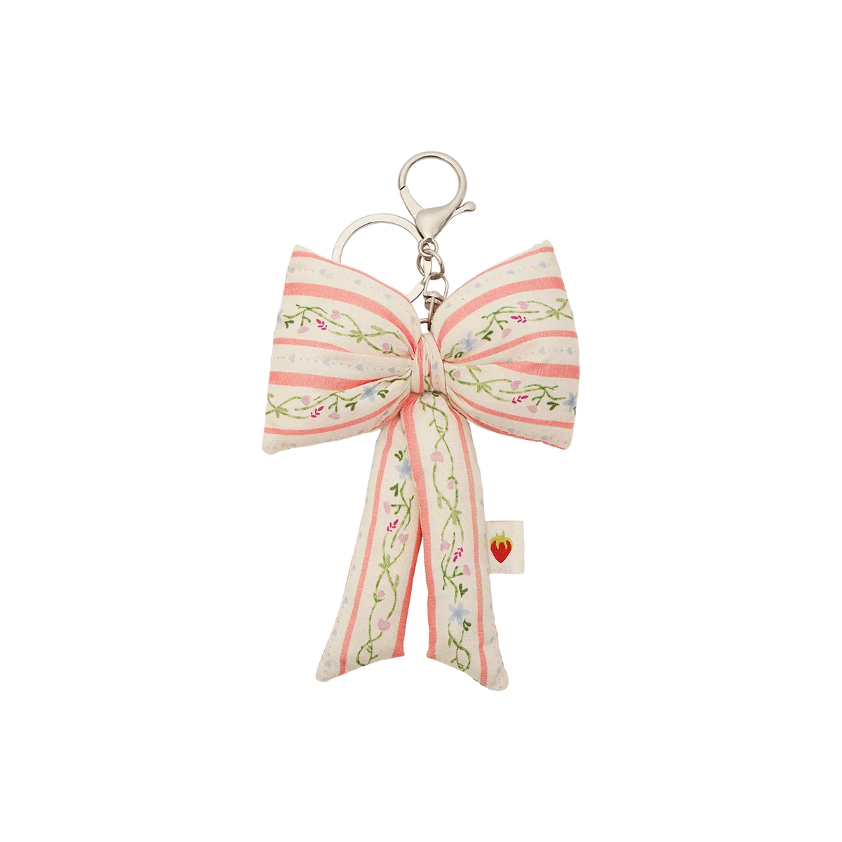 Maanesten stoffen strik sleutelhanger Summer Stripes Peach, grote strik in roze en witte strepen met bloemen, model 4112-1