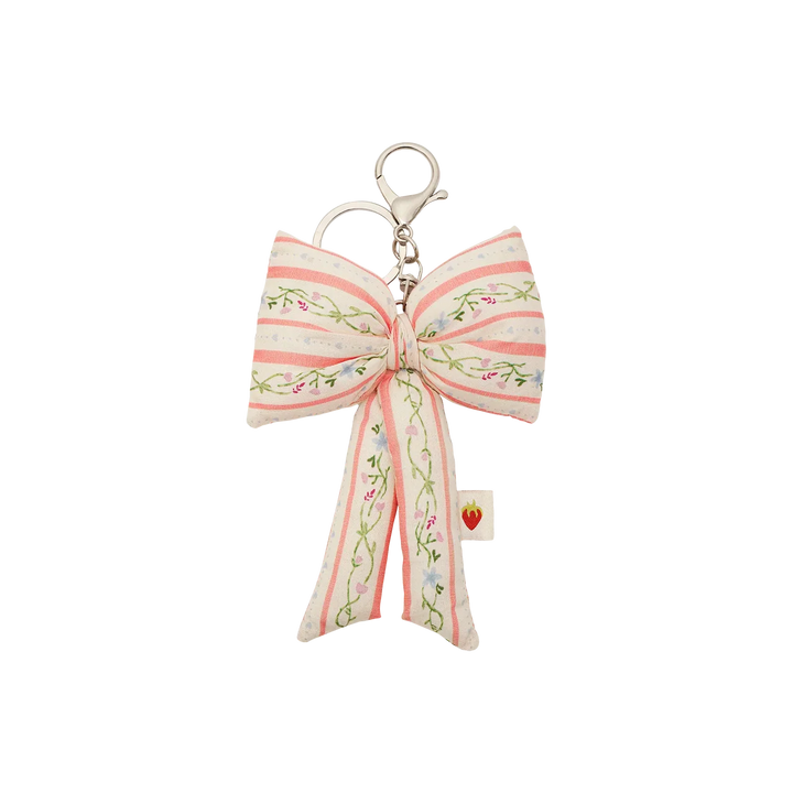 Maanesten stoffen strik sleutelhanger Summer Stripes Peach, grote strik in roze en witte strepen met bloemen, model 4112-1