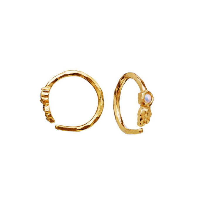 De Moonstone Florus Creolen verguld 9659a toont een set kleine vergulde creolen met een organische structuur en lichte stenen. Model 9659a-9659a-2