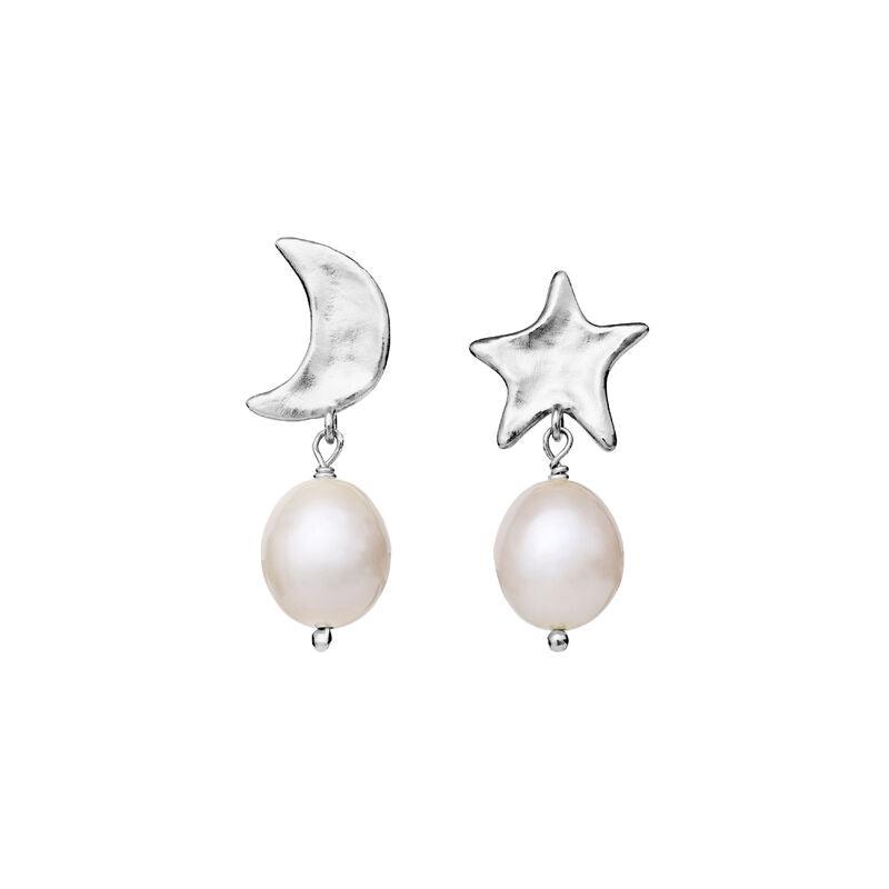 Maansteen Gabrielle zilveren oorbellen met maan en ster, beide versierd met witte parels. Model 9942c-1