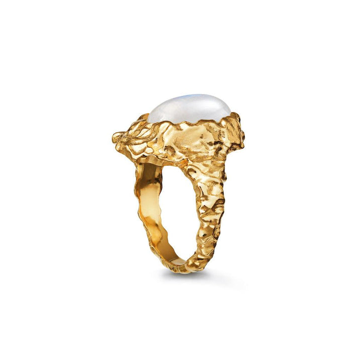 De maansteengodinring met de maansteen toont een sculpturale gouden ring met een ronde steen in het midden. Model 35351a-35351a-001-2