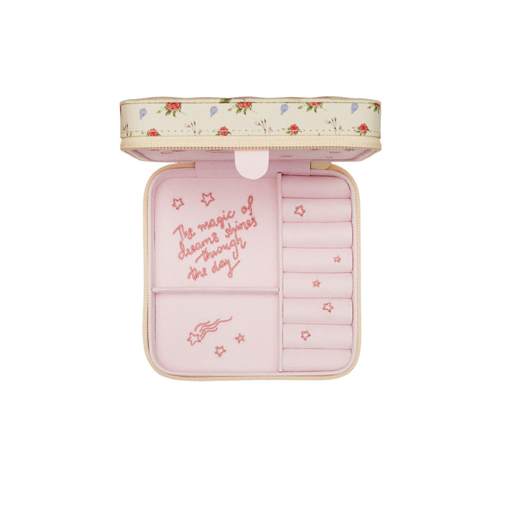 maanesten-sieradendoosje-rozen-en-schelpen-4062-2, roze sieradendoosje met bloemenprint, open deksel, Model 4062-2
