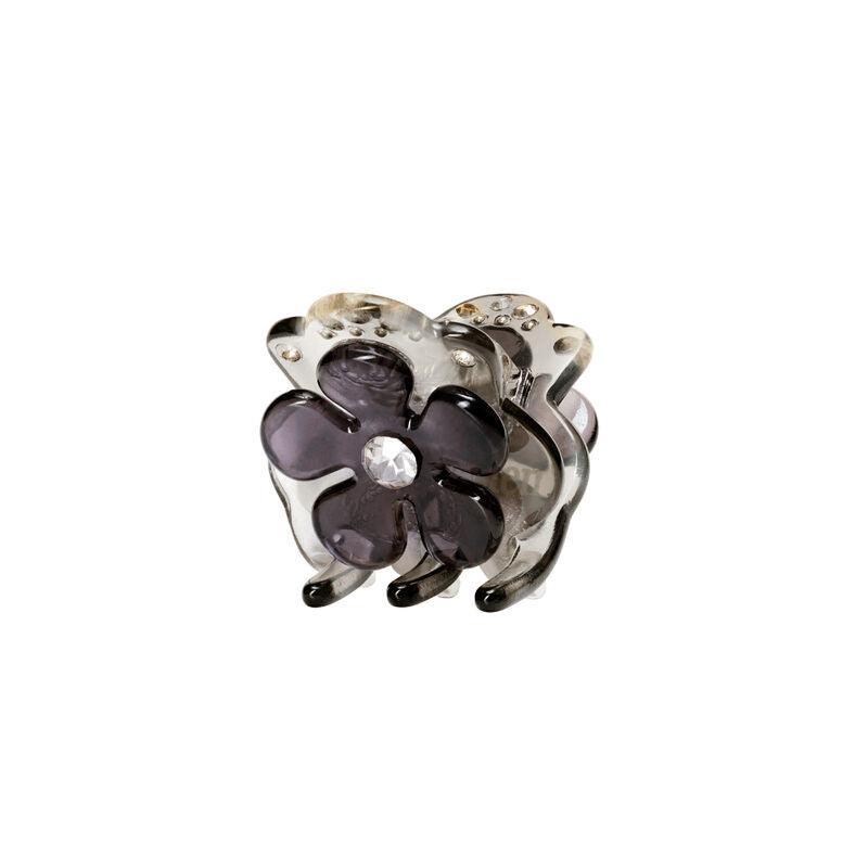 maanesten-kalina-fog-hairclaw toont een decoratieve haarclip met paarse bloem en heldere steen aan de voorkant. Model3834