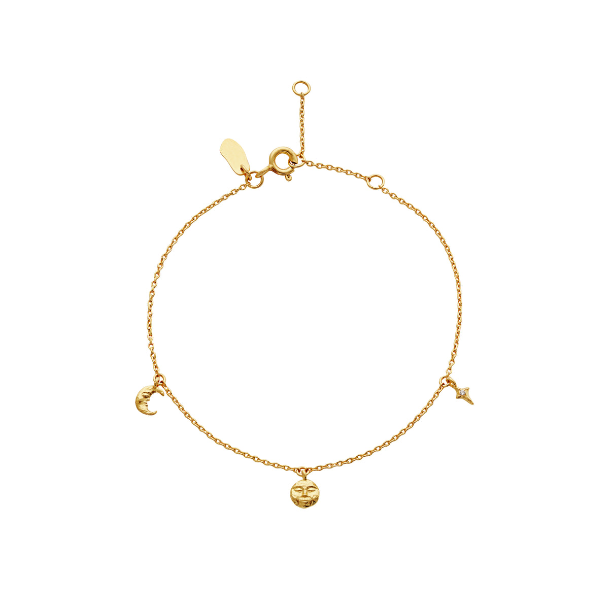 Maansteen Lysander vergulde armband met maan-, zon- en sterhangers in goudkleurig metaal. Model 8691a