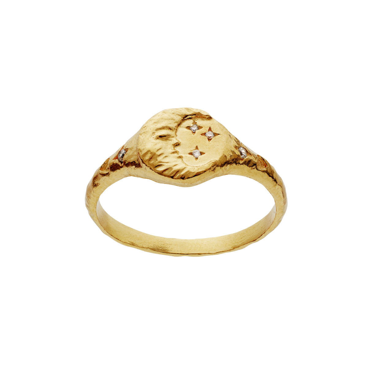Maansteen Magdalena vergulde ring met maan en sterren op ruw oppervlak, model 4871a-001.