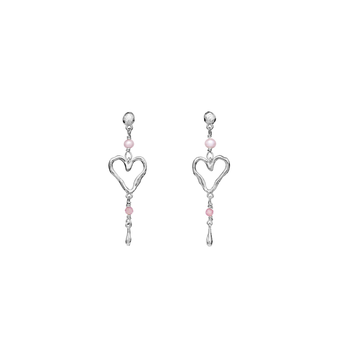 Maanesten Sabi zilveren oorbellen met hartvorm en roze parels, elegant design. Model 9992c.