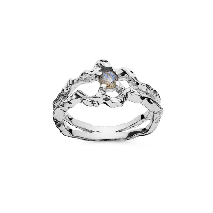 Moonstone Shelly Ring in zilver met organische vorm en kleine blauwe steen, Model 4738c-4738c-001-1