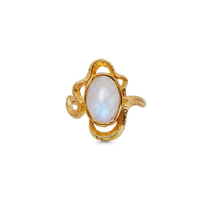 Maanesten sirene ring 18kt verguld met ovale witte steen en gedraaide golvende structuur, Model 4731a-001-1