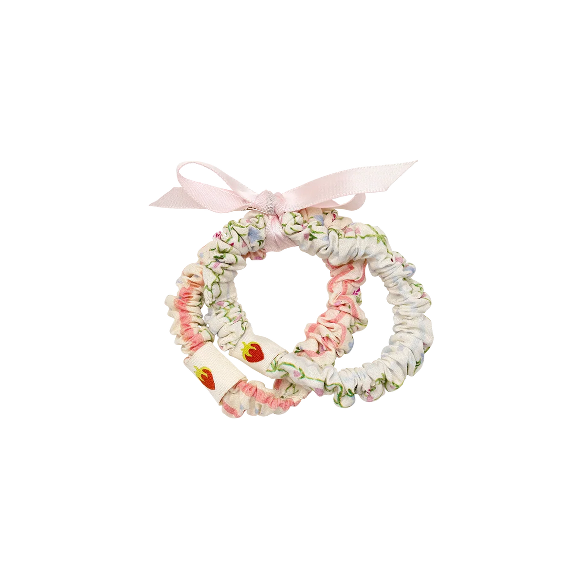 maanesten zomerhaarelastiekset veelkleurige streep toont twee bloemenelastieken met roze strik, model 4134-1