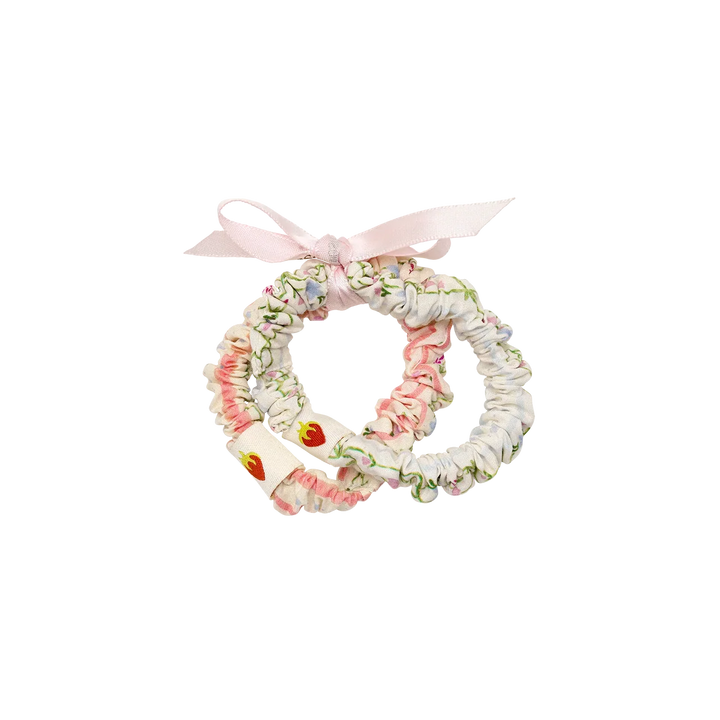 maanesten zomerhaarelastiekset veelkleurige streep toont twee bloemenelastieken met roze strik, model 4134-1