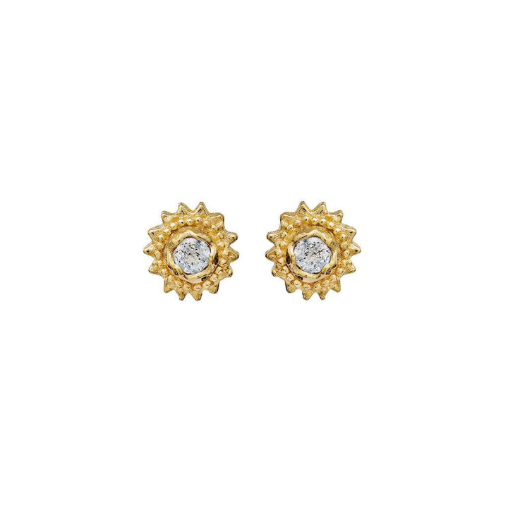 Moonstone Willa Earrings toont een set vergulde studs met ronde heldere stenen in het midden. Model 9730a-9730a-1