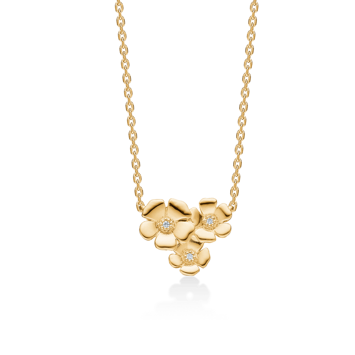 Mads Z 14kt Fleur ketting met drie bloemen in goud en kleine diamanten, model 1521108-1.