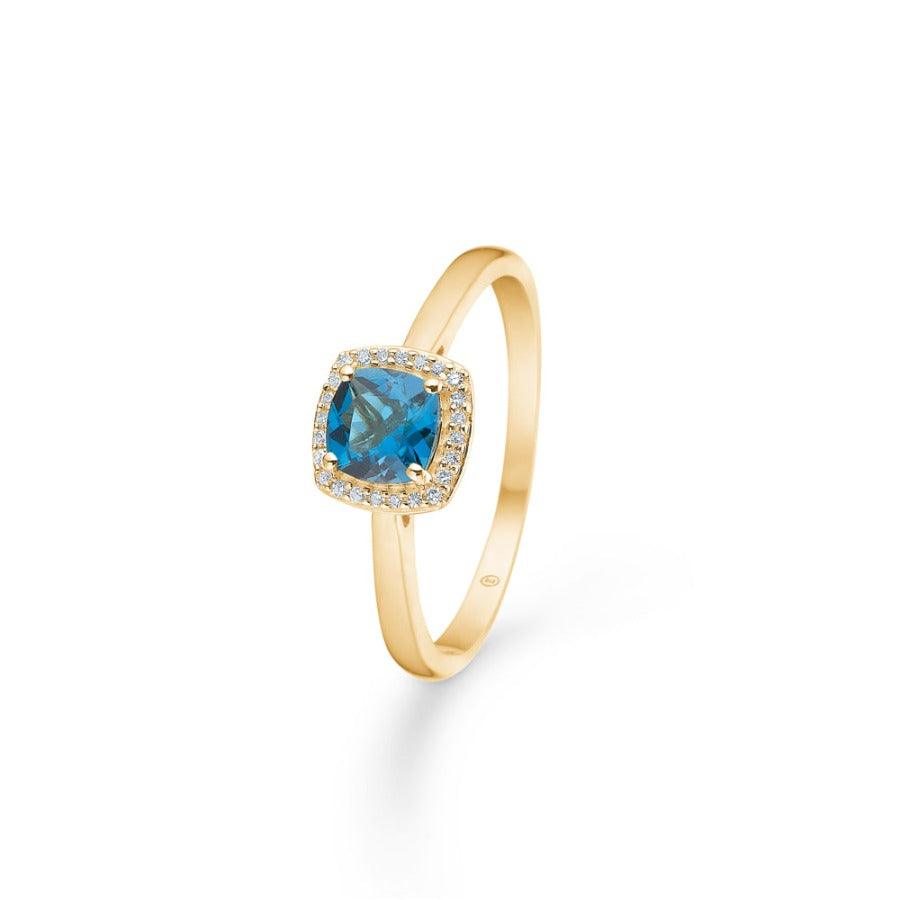 Mads Z 14kt Mona Lisa Ring 0,045ct W/SI toont elegante gouden ring met blauwe stenen en kleine diamanten, Model 1546008-001