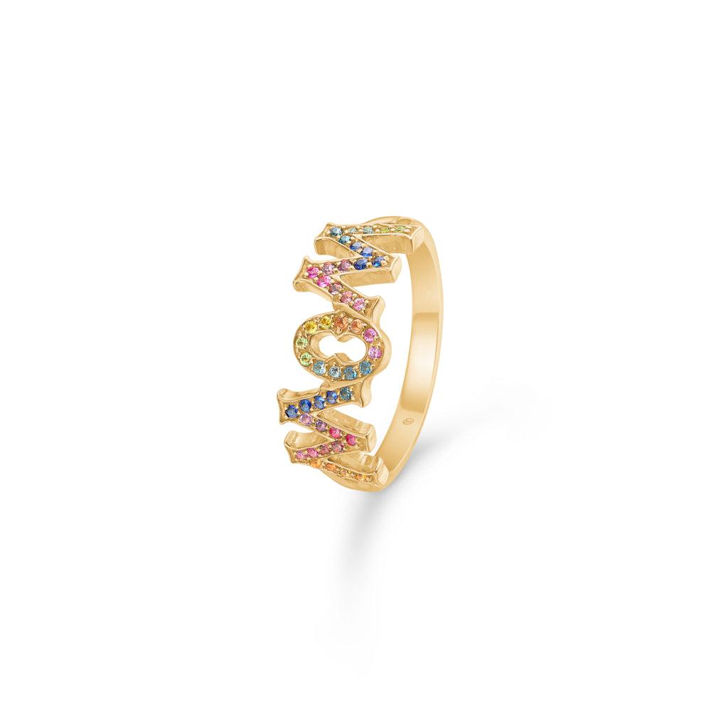 Mads Z 14kt Rainbow MomWow-ring in helder goud met gekleurde stenen, duidelijke letters. Model1544097-001
