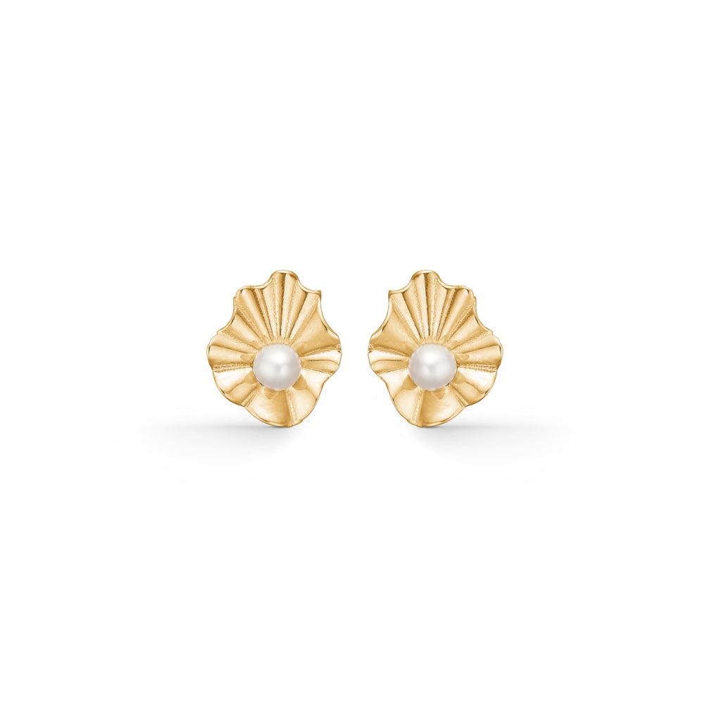 Mads Z Amelie 8kt gouden oorbellen met parel, elegante bladvormige oorbellen met een parel in het midden. Model3313119-1