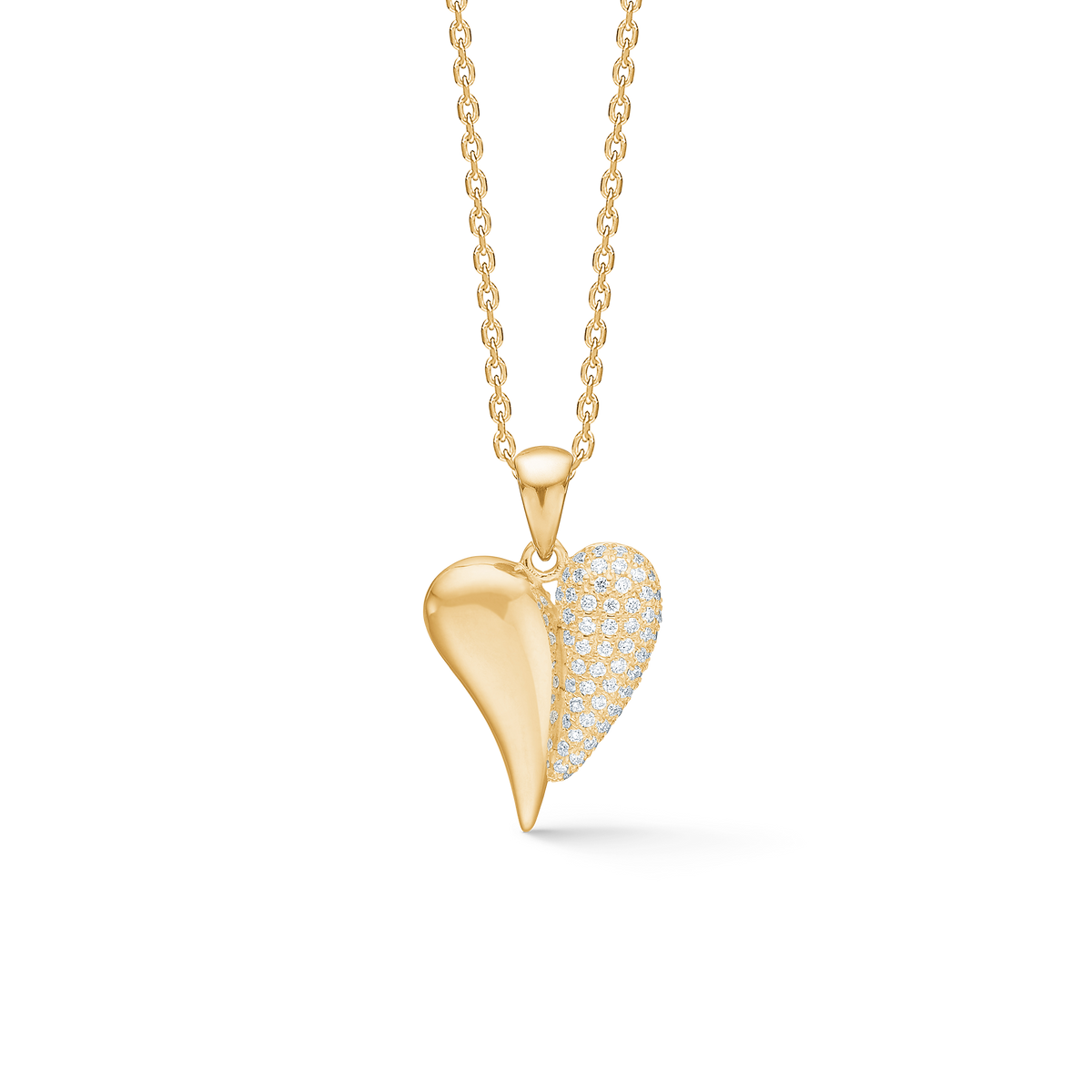 Mads Z Amourette hanger goud hart met. diamanten, elegante ketting met glanzend en met diamanten bezaaid hart. Modelnummer 1531185.