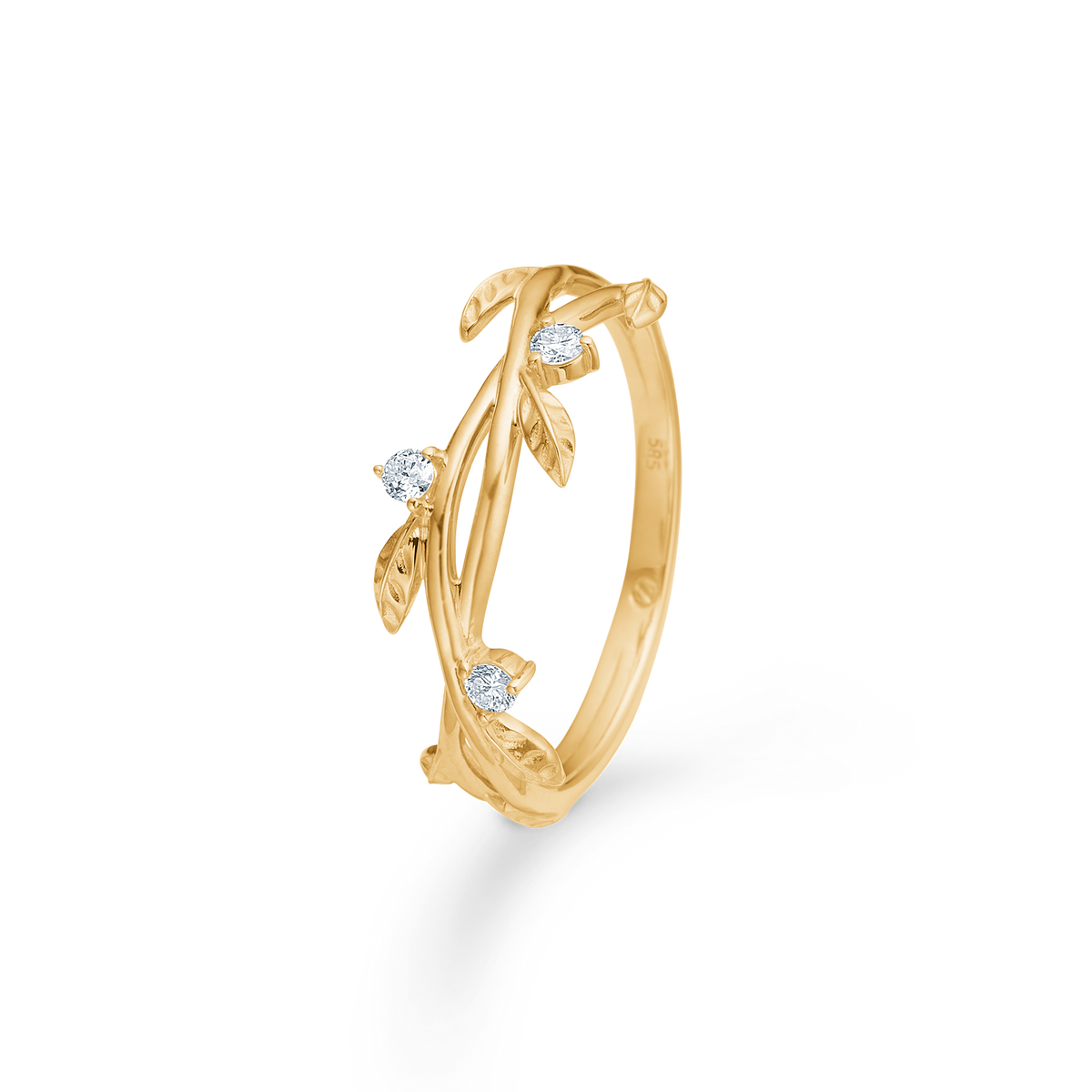 Mads Z Aura 14kt gouden ring met drie diamanten en bladdetails, elegante stijl. Modelnummer 1541102-001