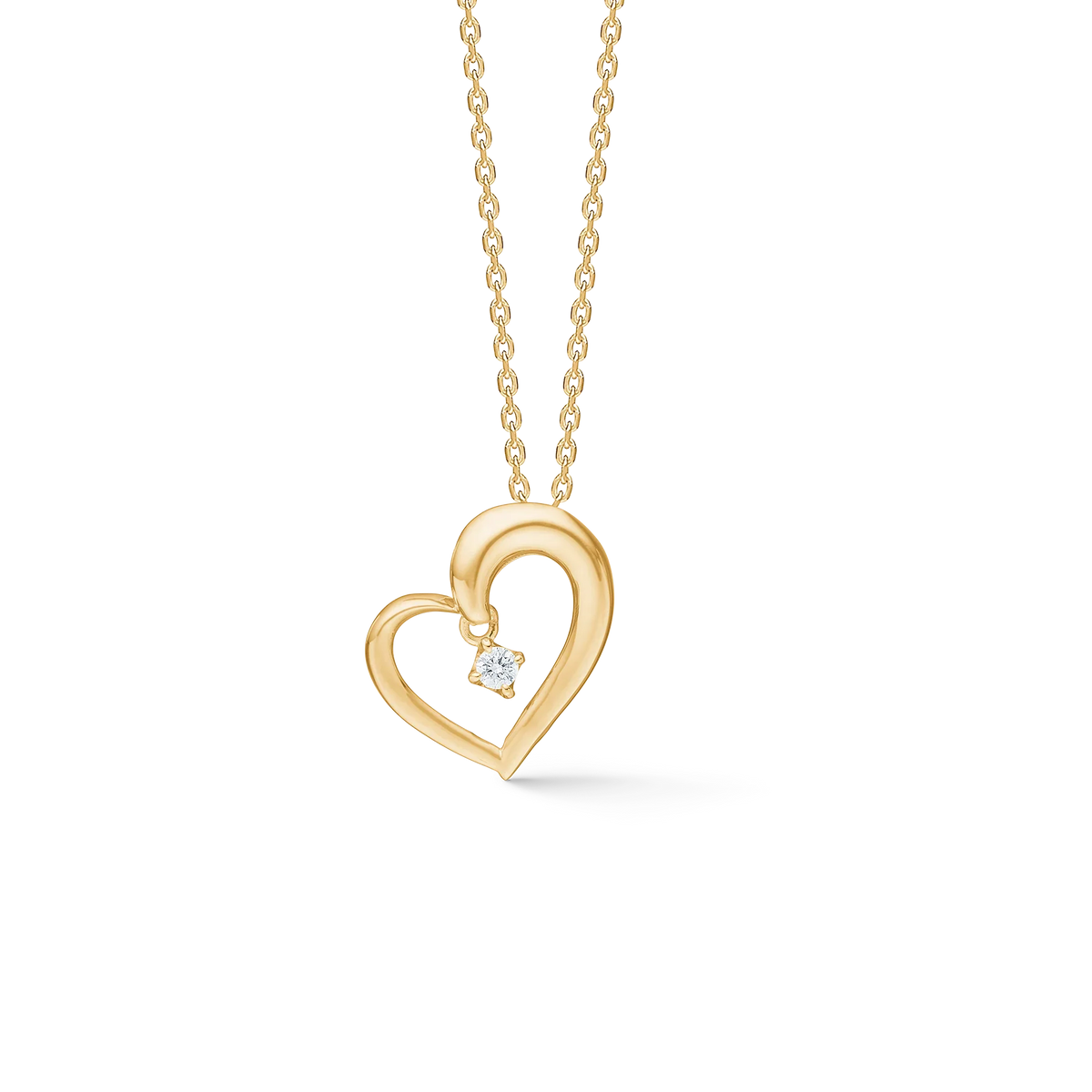 Mads Z Crown Heart 14 gouden hanger met diamant, open hart design aan gouden ketting. Model 1531704-1.