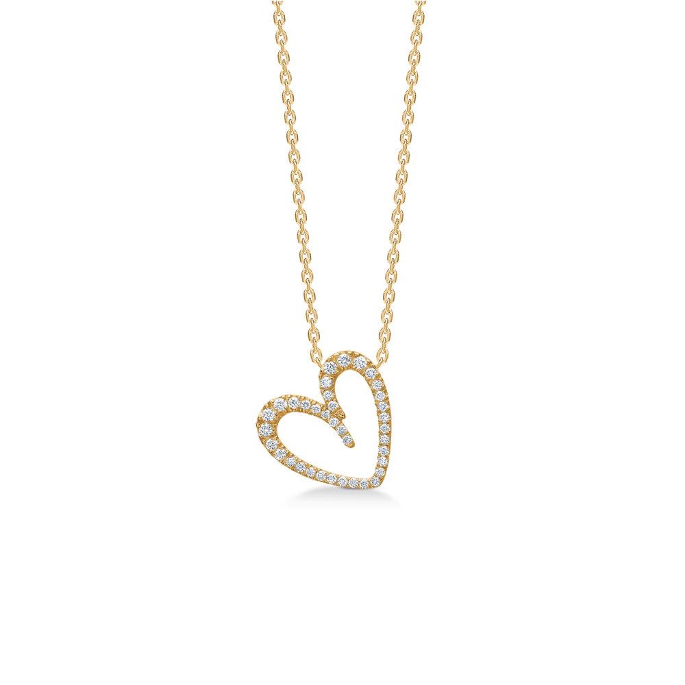 Mads Z Diamond Love 14kt gouden harthanger met diamanten in open vorm aan ketting. Model 1531064-1