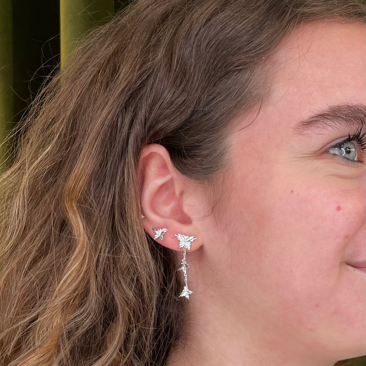 Mads Z Monarch vlinder oorbellen in zilver met witte topaas, prachtig gedragen op het oor. Model 2116156-2