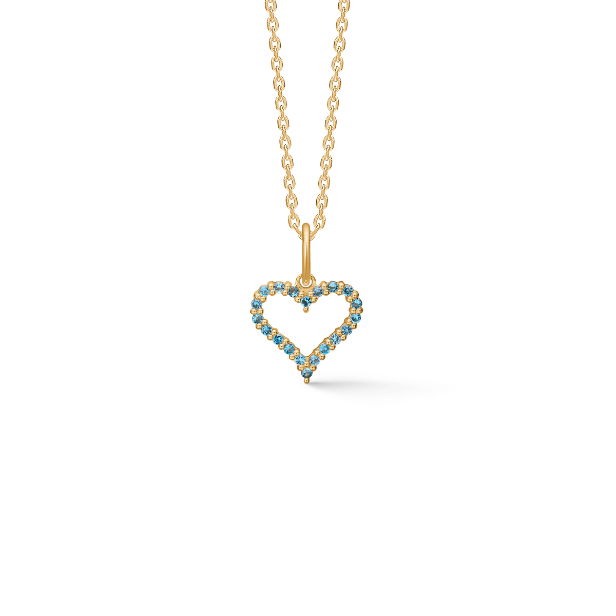 Mads Z Tender Heart gouden hanger met blauwe topazen, hartvormig en elegant aan een ketting. Model1536311-1.