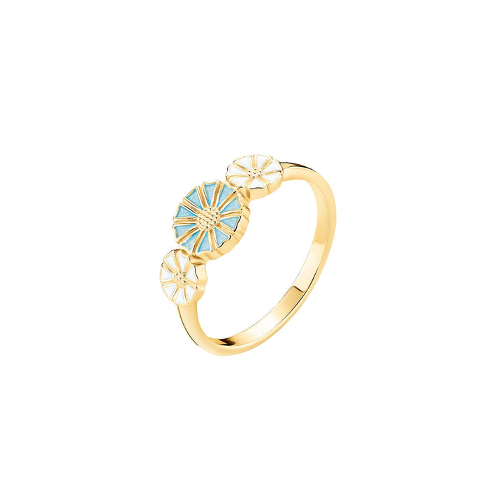 Daisy Ring met 3 madeliefjes lichtblauw en wit, elegante gouden ring met drie bloemmotieven. Model 9075097-lb-001-1